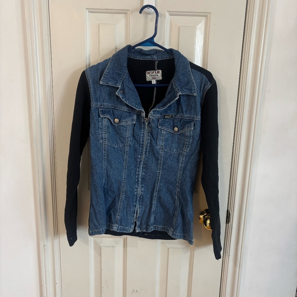 VINTAGE 90s denim zip up shirt with ribbed sleeves Obsessed